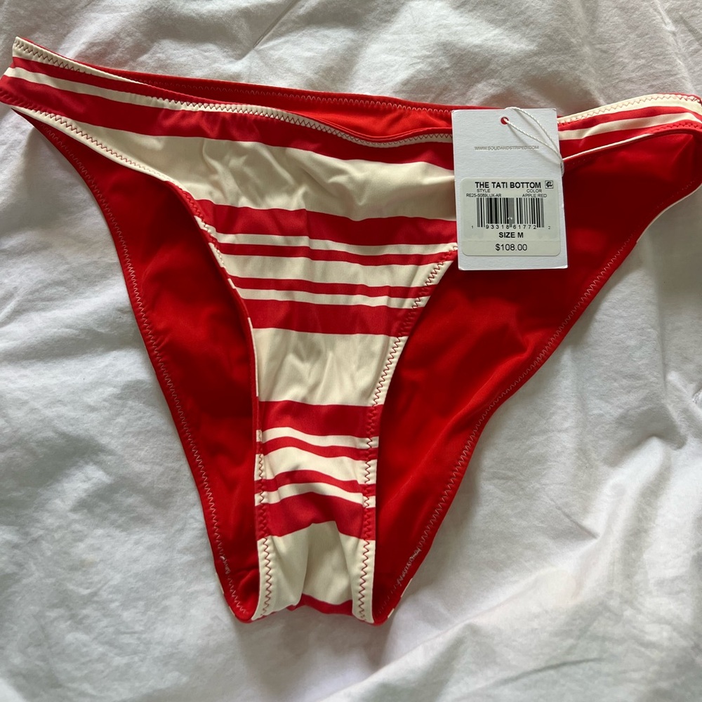 Solid and Striped Tati Reversible Bikini Bottom in Apple Red Stripe